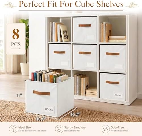 Storage Cubes 8 Pack, 11 Inch Fabric Storage Cubes Organizer Bins with Labels, Odor-Free & Sturdy PP Structure, Cubby Baskets for Closet, Shelves, Toys & Nursery (White) - Image 2
