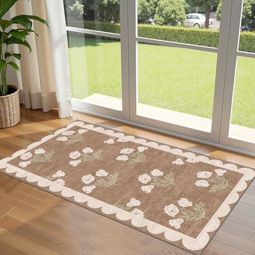 Front Door Mat Indoor Entrance, 2x4.3 Tan Boho Floral Farmhouse Rug by Othilic