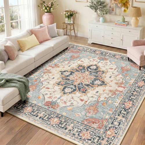 RELEANY Washable Area Rug, Square 8'x8', Beige/Blue/Orange by RELEANY
