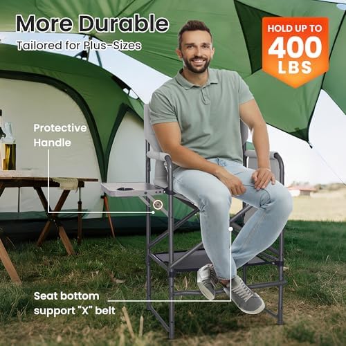 Tall Directors Chair 30" Seat Height, Bar Height Folding Chair with Side Table, Foldable Camping Chair with Side Pocket for Makeup Artist, Sports Event, Supports 400LBS - Black - Image 4