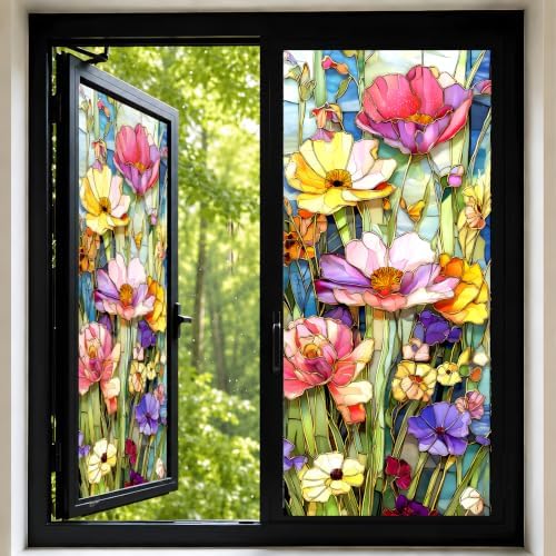 Privacy Window Film 17.5x38.3 Inches, Stained Glass Floral Decorative Window Sticker, Colorful Frosted Glass, Anti-UV, Static Cling for Home, Bathroom, Office (Colorful Flowers) by KKYEJLQYI
