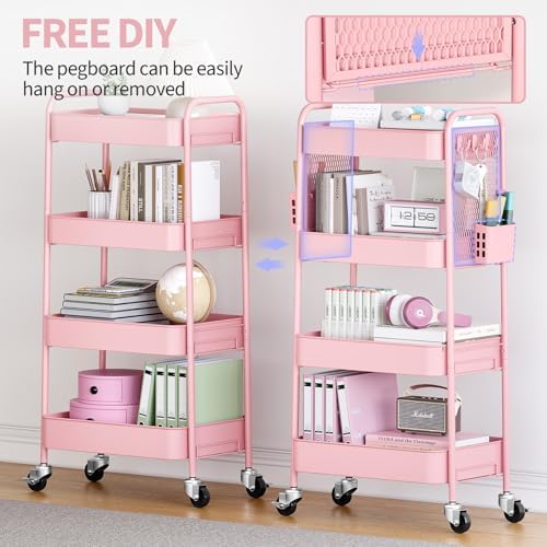 TOOLF 4 Tier Rolling Cart, Metal Utility Storage Cart with Pegboard, Pink | 2 Bins & 4 Hooks, Screwless Assembly, Lockable Wheels, Trolley Organizer for Bathroom, Kitchen, Office, Dorm, Craft Room - Image 6
