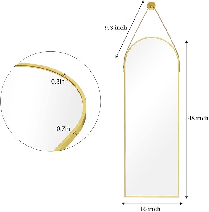 Dewfig 48"x16" Arched Full Length Mirror, Wall Mirror, Leather Strap, Gold - Image 7