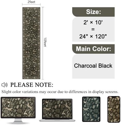 DUKINO 2x10 Rug for Hallway, Washable Kitchen Runner Rug with Non Slip Backing, Soft Low Pile Vintage Animal Runner for Bedroom, Kitchen, Hallway, Entryway, Laundry, Charcoal Black - Image 2