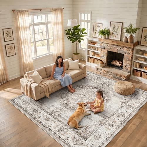 10x10 Square Area Rug: 10ft Square Washable Living Room Rugs Ultra Thin Soft Oriental Non-Slip Backing Farmhouse Rug Low Pile Thin Stain Resistant Indoor Carpets, 10' x 10' Beige by YOUFORTONG