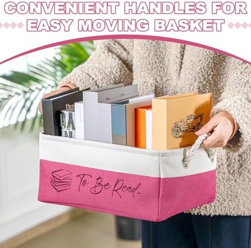 Marsui 1 Pcs TBR Basket Book Storage Bin Bookish Gifts, White Pink - Image 3