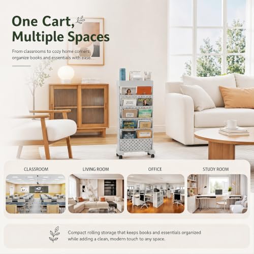 BYFU 6-Tier Rolling Bookshelf Cart, Grey - Image 6