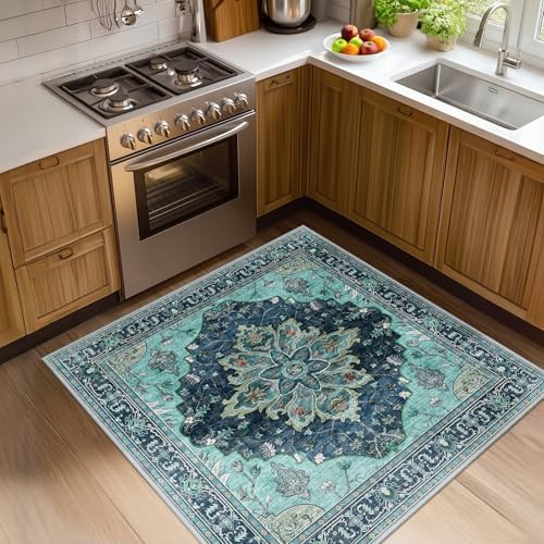 RELEANY Washable Area Rug, Square 4'x4', Teal by RELEANY