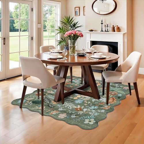 Floral Square Area Rug for Family: Washable 5x5 Scalloped Carpet for Living Room Bedroom Soft Water Resistant Floor Mat with Non Slip Backing for Kitchen Nursery Farmhouse Home Decor(5x5,Floral/Green) - Image 5