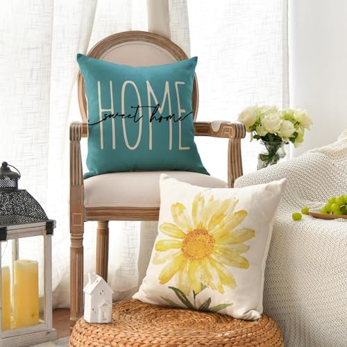 AVOIN colorlife Home Sweet Home Spring Summer Flowers Yellow Throw Pillow Covers, 16 x 16 Inch Blue Cushion Case for Sofa Couch Set of 4 - Image 3
