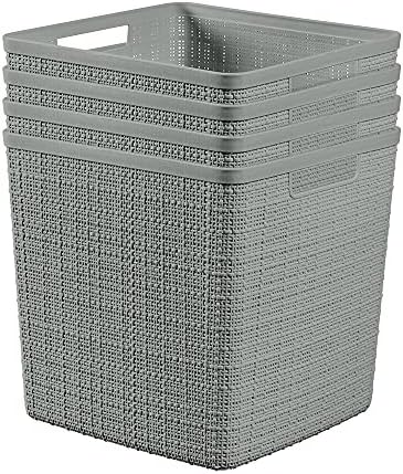 Curver Set of 4 Large Cube 17L Jute Decorative Plastic Organization and Storage Baskets - Perfect Bins for Home Office, Closet Shelves, Kitchen Pantry and All Bedroom Essentials, Grey by Unknown