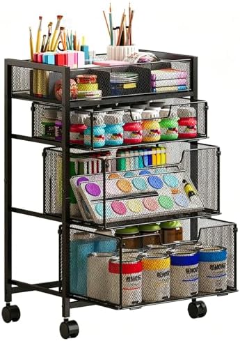 4-Tier Rolling Utility Cart with 3 Drawers, Craft Organizer and Storage with DIY Divider, Art-Craft Supplies with Caster Wheels, Multi-Functional Storage For Classroom, Office, Paints, Artifacts by Hayexiha