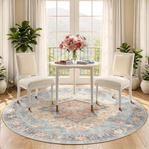 RELEANY Washable Area Rug, Round 5ft, Blue/Orange/Red - Image 3