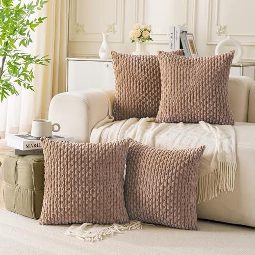Set of 4 Light Brown Decorative Throw Pillow Covers 22x22 Inch Corduroy Pillow Covers for Bed Couch Sofa Living Room Soft Square Cushion Cases by Cozoomy