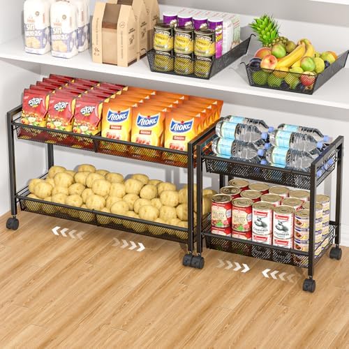 3IngSeagulls 2-Tier Expandable Rolling Pantry Floor Organizer, Stackable Pantry Storage Cart with Wheels, Kitchen Fruit and Vegetable Storage Rack for Onion, Potato, Food, Snacks by 3IngSeagulls