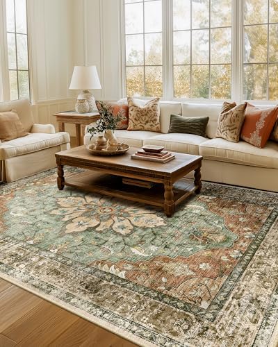 RELEANY Washable Area Rug, 7'x9', Brick/Brown/Green by RELEANY