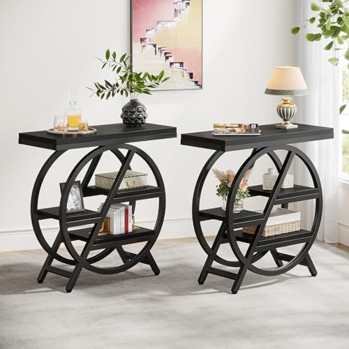Tribesigns End Table Set of 2, 3-Tier Narrow Sofa Side Table with Storage for Living Room, Wood End Table with Geometric Metal Frame, Industrial Nightstand and Bedside Table for Bedroom, Black by Unknown