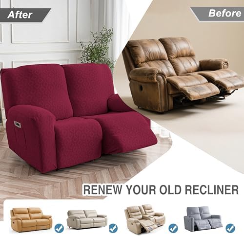 Genina Waterproof Recliner Loveseat Cover,2 Seat Couch Cover,Wine Red - Image 6