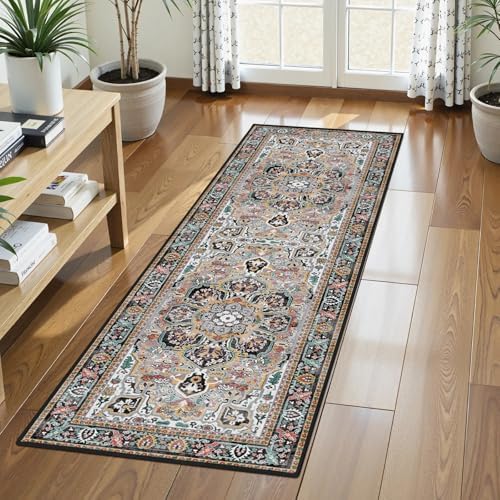 Washable Area Rug 2'6'' x 8' Vintage Traditional Persian Mat - Foldable Distressed Non-Slip Machine Washable Carpet for Living Room Bedroom Kitchen Home Decor - Slate and Multicolor by Unknown