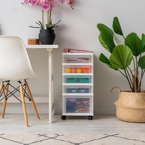 IRIS USA 5-Drawer Rolling Storage Cart with Organizer Top, White/Clear - Image 2