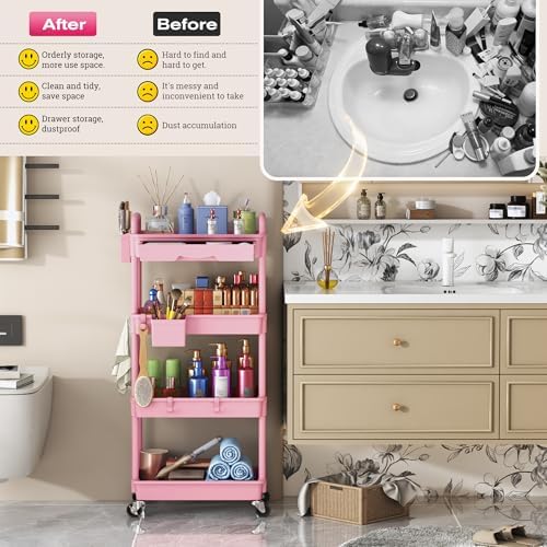 Goovilla Rolling Makeup Organizer Cart with Removable Drawer, 4 Tier Pink - Image 7