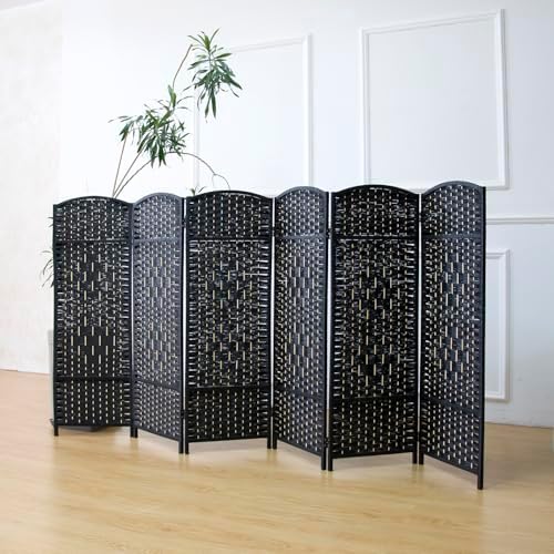 6-Panel Short Room Divider, 3.9 ft Freestanding Partition Wall, Natural Black Rattan Double-Sided Folding Screen for Living Room, Bedroom & Corner Privacy by Loomveil