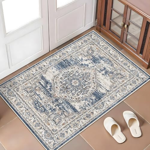 Washable Area Rugs 2x3 Entryway: Soft Ultra Thin Low Pile Mat Machine Washable Indoor Doormat Lightweight Entry Rug Anti Slip Backing Rugs for Living Room Bedroom Kitchen 2'x3' Blue - Image 3