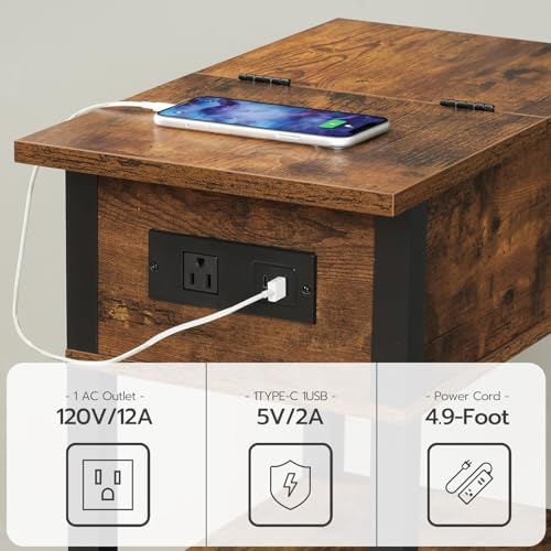 HOOBRO End Table with Charging Station, Flip Top Side Table with USB Ports, Narrow Nightstand Bedside Tables with Storage Shelves, for Small Space, Living Room, Rustic Brown and Black BF141UBZ01 - Image 5