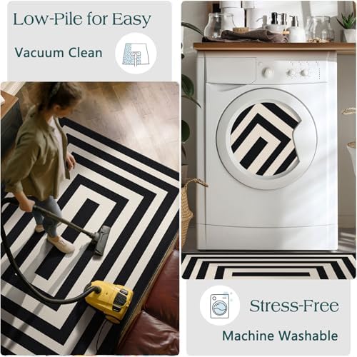 Front Door Mat Indoor Entrance 2x4.3 Modern Black White Striped Rug - Image 6