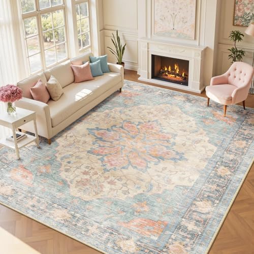 RELEANY Washable Area Rug, Large 10'x14', Blue/Orange/Red - Image 2