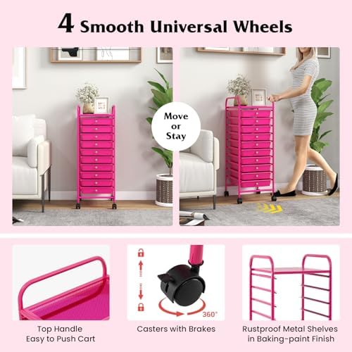 10-Drawer Rolling Storage Cart, Trolley w/Lockable 360° Wheels, 10 Removable PP Drawers, Sturdy Metal Frame, Rolling Utility Cart Perfect for Home, Office, Classroom (Hot Pink) - Image 5