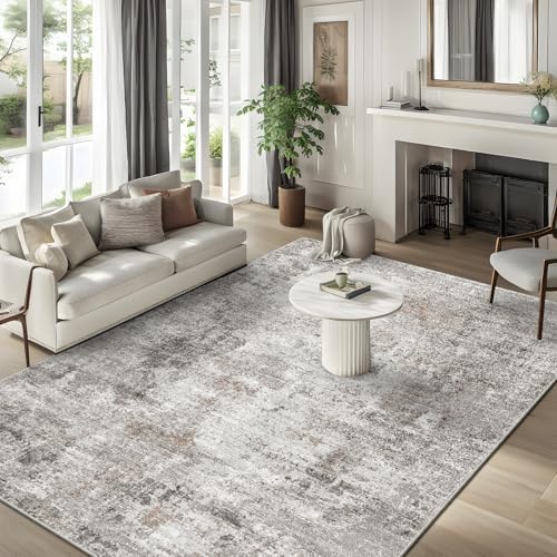 5x7 Non-Slip Machine Washable Area Rug - Modern Abstract Neutral Carpet for Living Room, Bedroom, Kitchen, Dining Room, Office - Soft Low Pile Stain-Resistant Rug with Rubber Backing (Beige, Grey) by ZHXXUJ