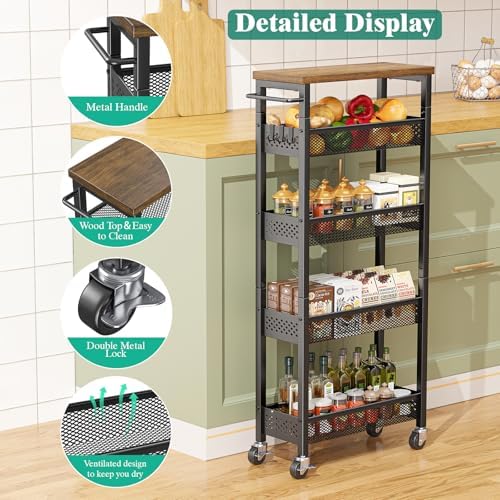 Giwil Slim Storage Cart 5 Tier Narrow Kitchen Rolling Cart on Wheels for Small Space, Metal Utility Cart Narrow Bathroom Storage Cabinet Mobile Shelf Unit Organizer with Wood Top and Handle, Black - Image 5