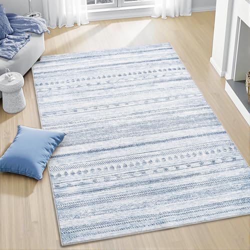 3x5 Area Rug Machine Washable Non Slip Rug Distressed Neutral Moroccan Boho Rug Ultra Soft Indoor Rugs for Bedroom Living Room Entryway Kitchen Foyer Bedside, Blue by Tchdio