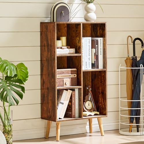 LEYAOYAO 5 Cube Bookshelf, Mid-Century Modern Book Shelf with Legs, Brown - Image 3