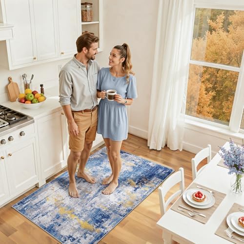 RELEANY Washable 3'x5' Abstract Area Rug for Living Room Blue Gold - Image 2
