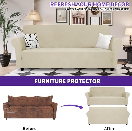 ZNSAYOTX Oversized Super Stretch Couch Cover (92"-115"), New Striped Sofa Covers Comfortable & Durable, Dog Cat Pets Friendly Extra Large Spandex Sofa Slipcovers (Khaki, XL Sofa) - Image 2