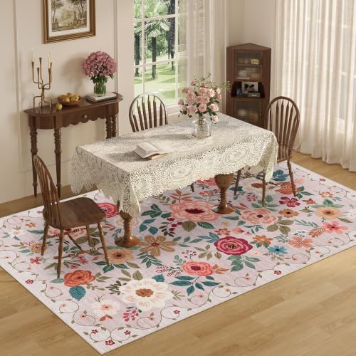 DUKINO 5x8 Area Rug for Bedroom, Soft Floral Washable Rug Non Slip, Beige - Image 5