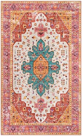 Moynesa Ultra-Thin Washable Vintage Area Rug - 3x5 Boho Girls Bedroom Non-Slip Non-Shedding Oriental Medallion Living Room Mat Indoor Carpet for Office Nursery Room, Pink/Teal/Multi - Image 5