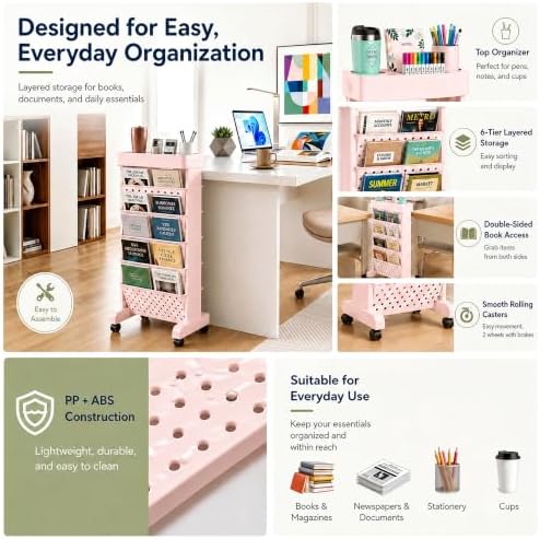 BYFU 6-Tier Movable Bookshelf Cart, Pink - Image 4