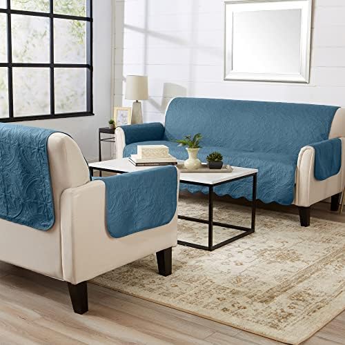 Great Bay Home Reversible Loveseat Cover - Washable Slipcover Furniture Protector with Elastic Straps - Perfect for Kids & Pets - Quilted & Stitched Detail (Smoke Blue/Ivory) - Image 5