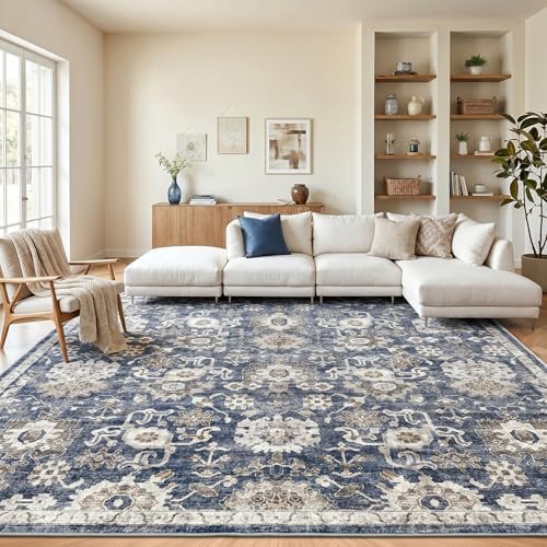 AMADA HOMEFURNISHING 10x14 Washable Area Rug, Low-Profile Large Area Rug with Non-Slip Backing & Durable Edge Binding, Vintage Large Rugs for Living Room, Bedroom & Dining Room by AMADAHOMEFURNISHING