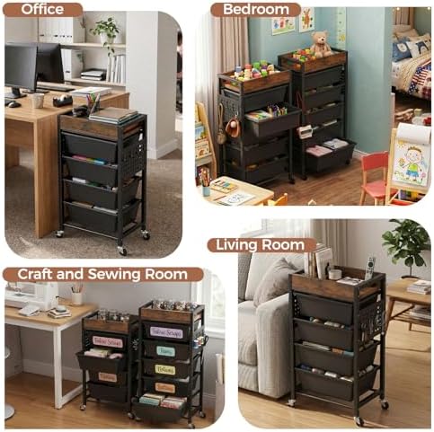 5 Tier Rolling Cart with Drawers, Plastic Drawer Storage Craft Cart with Pegboards & Hooks, Metal Utility Cart with Wheels & Wooden Tabletop, Classroom Office Art Supply Organizers and Storage, Black - Image 6