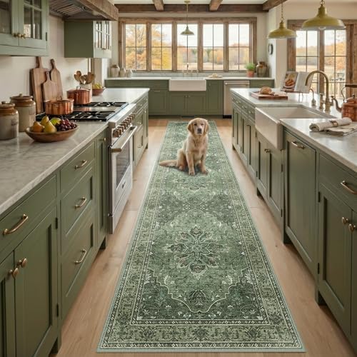 RELEANY Washable Area Rug, Runner 2'6"x12', Green/Dark Green/Gray by RELEANY