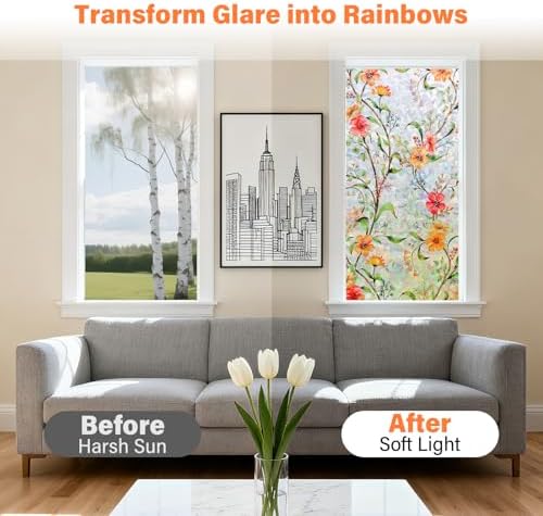 Finnez Stained Glass Window Film, Decorative Floral Rainbow, 35.4″ x 78.7″ - Image 2