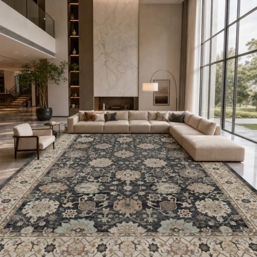AMADA HOMEFURNISHING 9x12 Area Rug for Living Room, Vintage Washable Area Rug Low-Pile & Non-Slip Carpet for Bedroom Dining Room Nursery Home Office, Black/Brown by AMADAHOMEFURNISHING