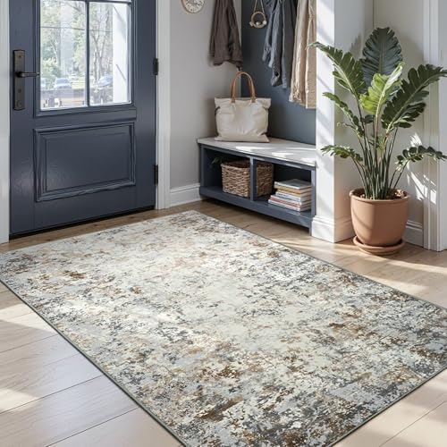 Toneed 4x6 Washable Area Rugs for Bedroom Living Room, Brown Grey Gold - Image 3