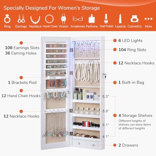 GISSAR Full Length Mirror Jewelry Cabinet, 6 LEDs Jewelry Armoire Wall Mounted Over The Door Hanging, Jewelry Organizer Storage with Lights Lockable, White Surface with Beige Lining, 14.6" x 47.2" - Image 4