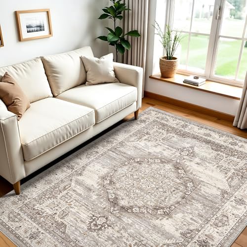 Washable Area Rugs 5x6 Entryway: Soft Ultra Thin Low Pile Mat Machine Washable Indoor Doormat Lightweight Entry Rug Anti Slip Backing Rugs for Living Room Bedroom Kitchen 5'x6' Beige - Image 2