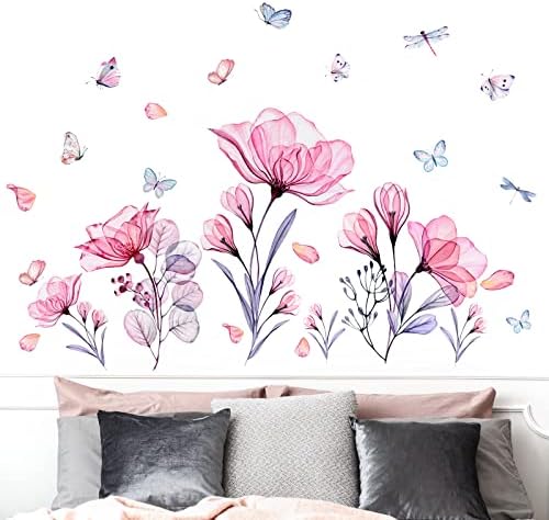 Pink Flowers Wall Decals Removable Butterflies Floral Flowerl Wall Stickers DIY Vinyl Self Adhesive Wall Mural for Nursery TV Background Kids Gilrs Rooms Bedroom Decoration - Image 3